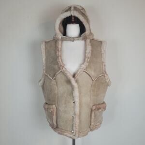 Shearling Vest Womens XL Tan Suede Sherpa Lined Western Cozy Warm Aviator Hood